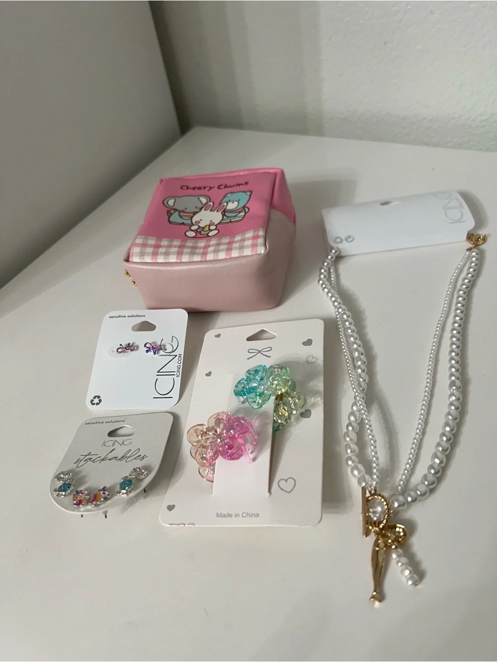 Icing Pink Cherry Charm Pouch with Pearl Necklace & Colorful Hair Clips